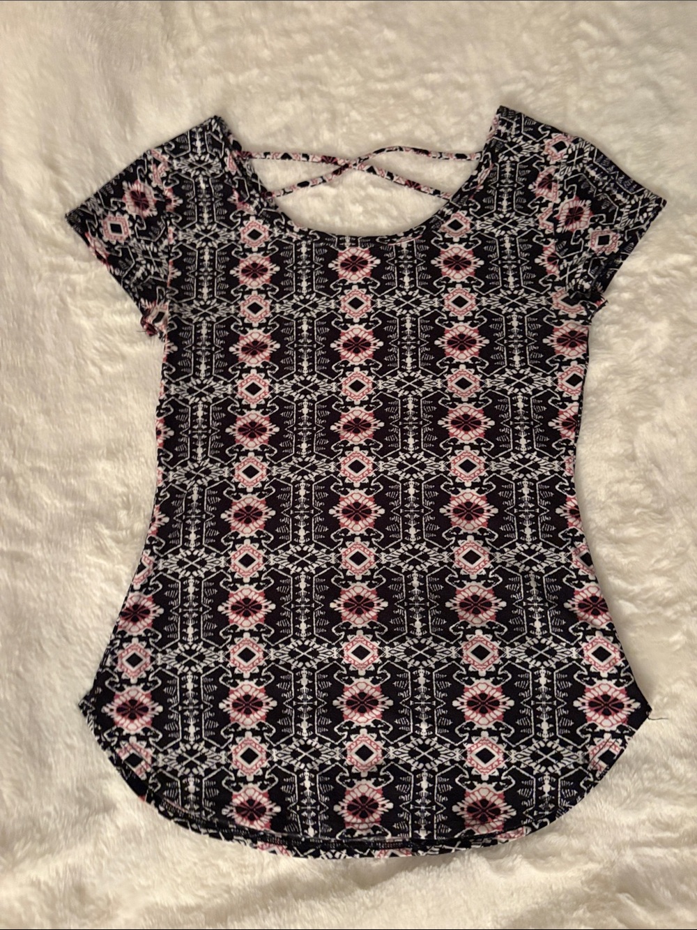 No Boundaries Black Short Sleeve Top with Pink Pattern & Crisscross Back